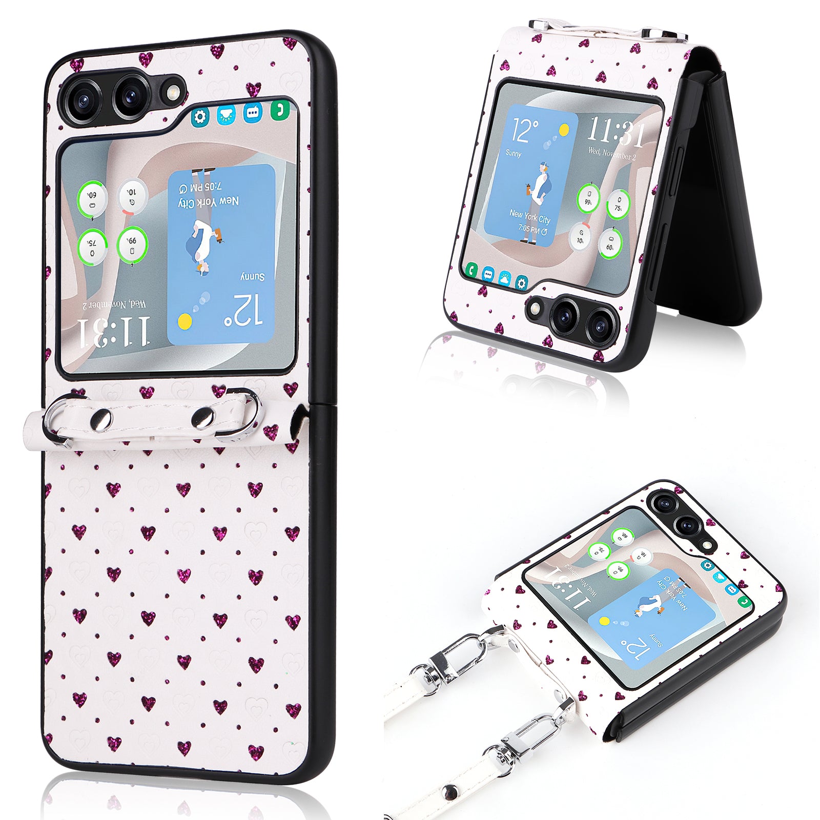 For Samsung Galaxy Z Flip5 5G Anti-Scratch PU PC Phone Case Multiple Heart Shapes Phone Cover with Strap For Samsung Galaxy Z Flip5 5G Anti-Scratch PU PC Phone Case Multiple Heart Shapes Phone Cover with Strap